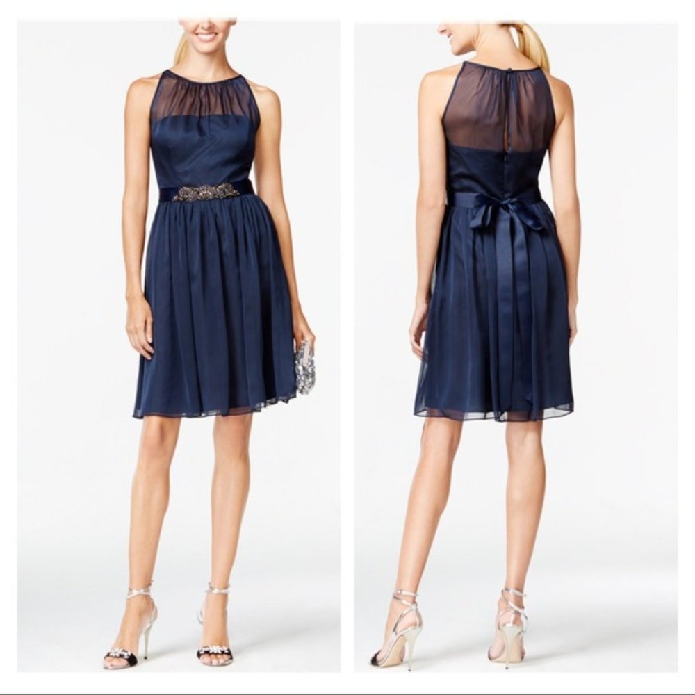 Adrianna Papell Blue Chiffon Beaded Halter Dress